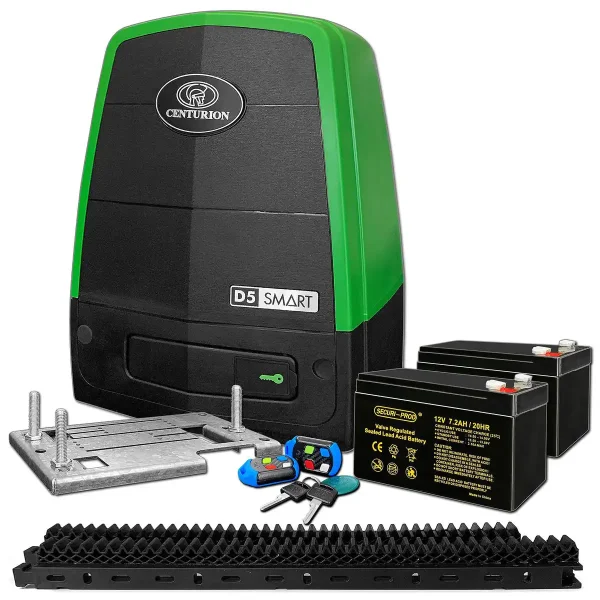 Centurion D5 Evo Smart Gate Motor Kit with D5 Evo Smart Motor, Baseplate, 2x 4 Button Remote, 2x 2m Nylon Gate Rack and 2x 7Ah Centurion Battery.